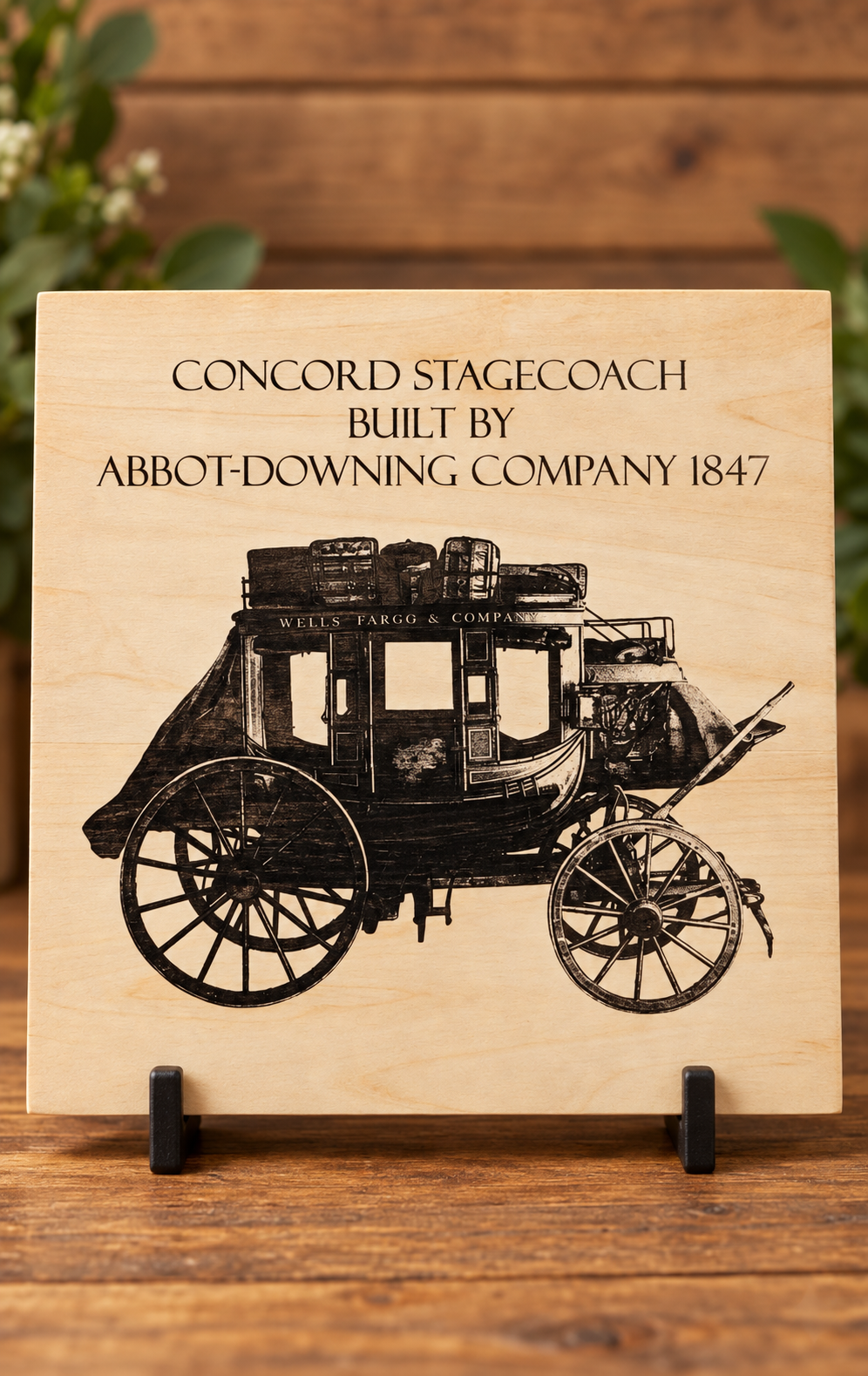 Concord Stagecoach 1847 engraved wooden plaque on a professional rustic display