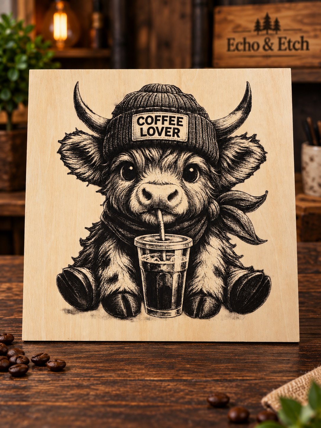 Highland Cow 'Coffee Lover' Laser-Engraved Wooden Plaque