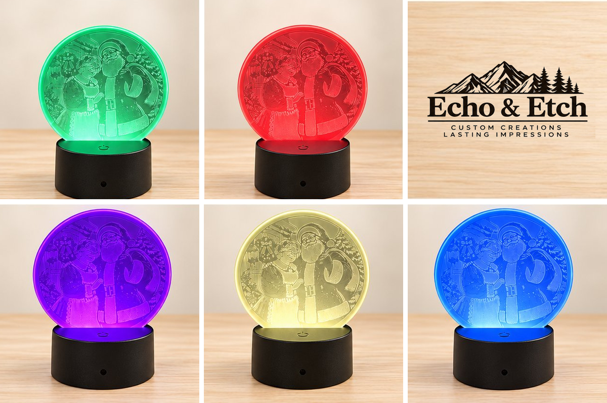 Santa and Mrs. Claus engraved acrylic LED light showing five color modes