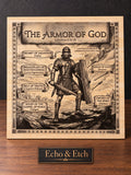 Armor of God laser-engraved wooden plaque showing a Roman soldier with the six pieces of spiritual armor labeled, Ephesians 6:10-18.