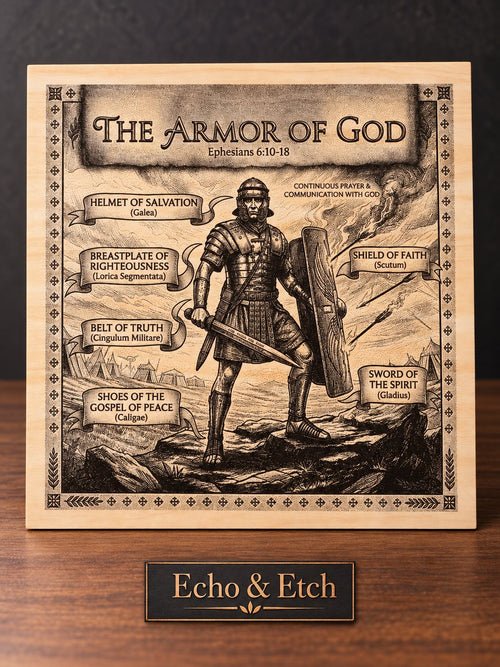 Armor of God laser-engraved wooden plaque showing a Roman soldier with the six pieces of spiritual armor labeled, Ephesians 6:10-18.