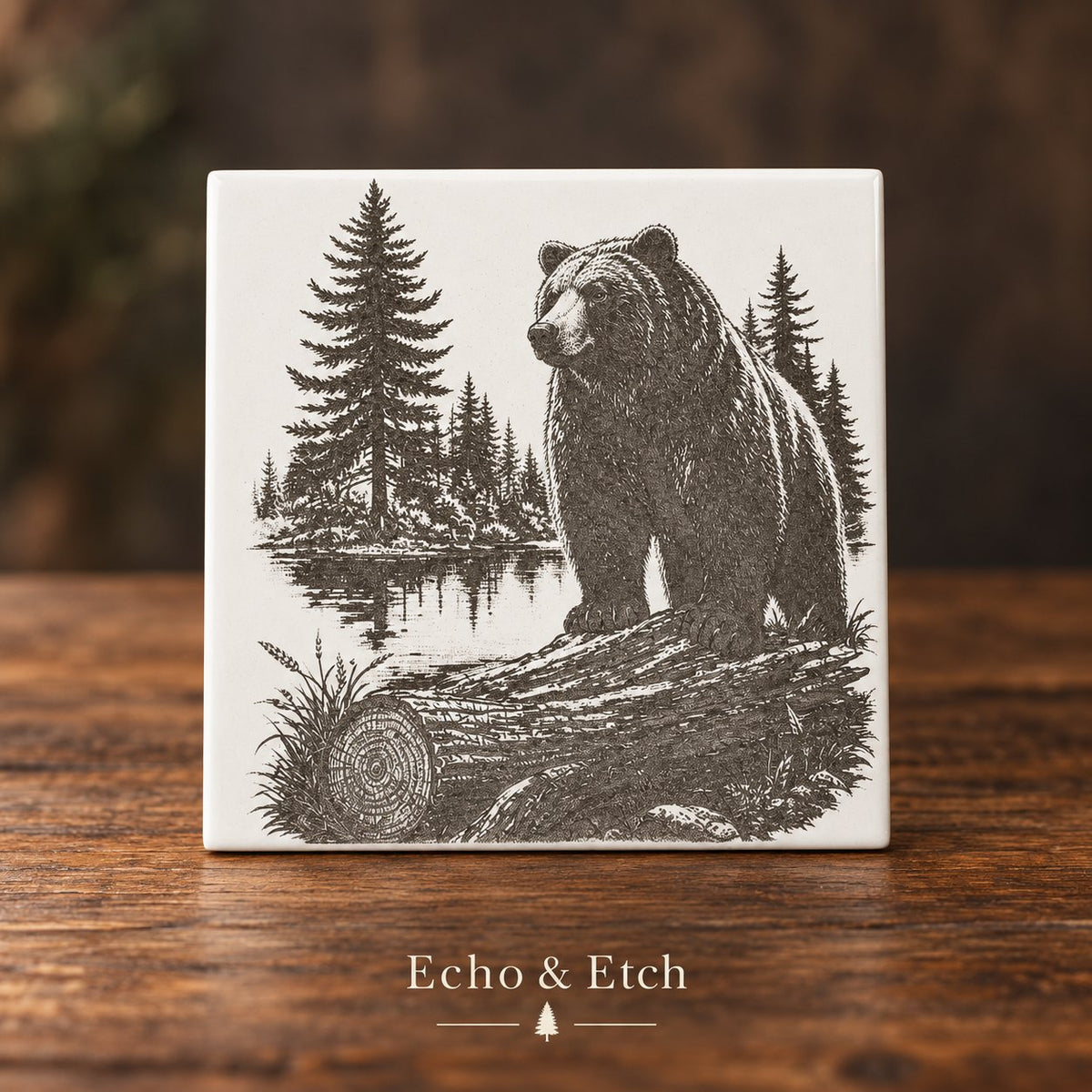 Bear by the Lake Laser-Engraved White Tile