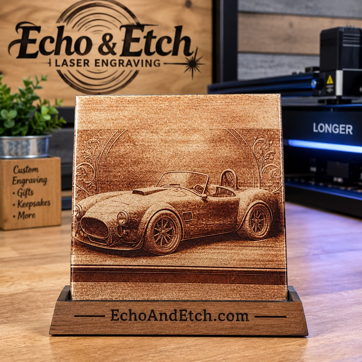 1965 427 Shelby Cobra Laser-Engraved Red-Tinted Tile — Epoxy Resin Sealed