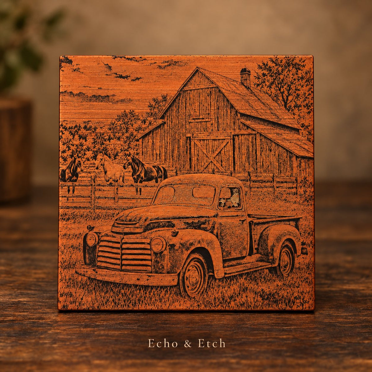 Vintage Truck & Barn Laser-Engraved Painted Tile