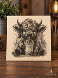Highland Cow Calf 'Boba Time' Laser-Engraved Wooden Plaque