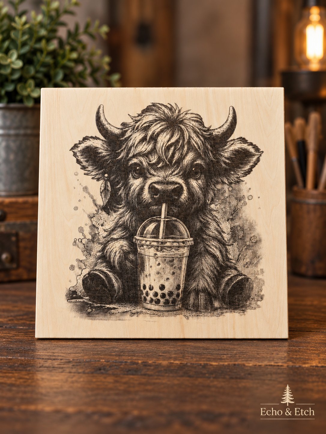 Highland Cow Calf 'Boba Time' Laser-Engraved Wooden Plaque