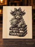 Highland Cow Calf 'Book Time' Laser-Engraved Wooden Plaque