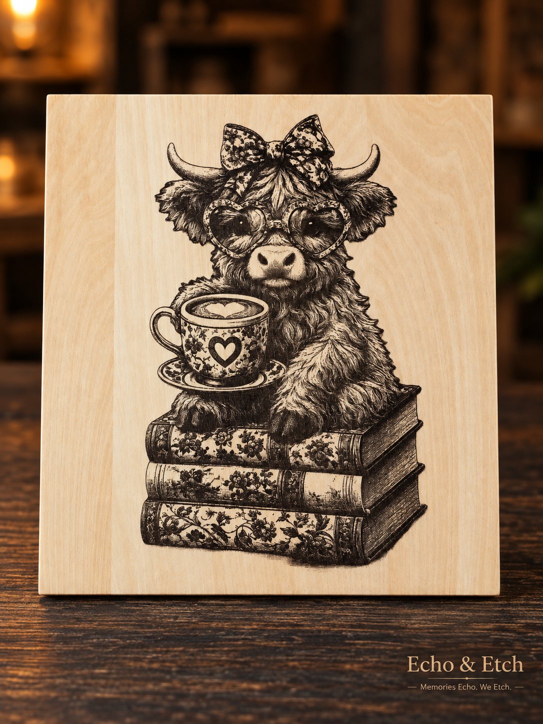 Highland Cow Calf 'Book Time' Laser-Engraved Wooden Plaque