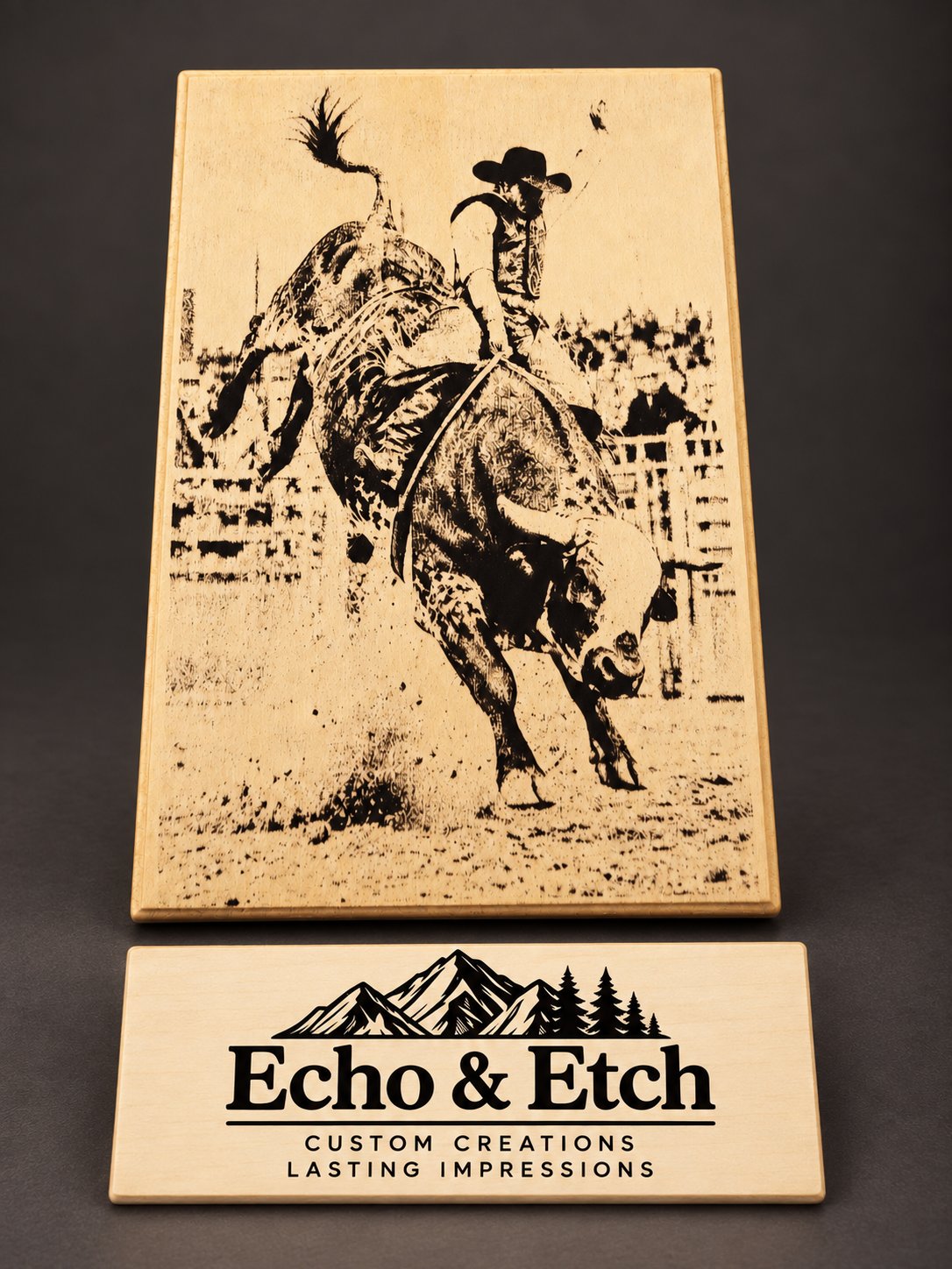 Bull rider laser-engraved wooden plaque