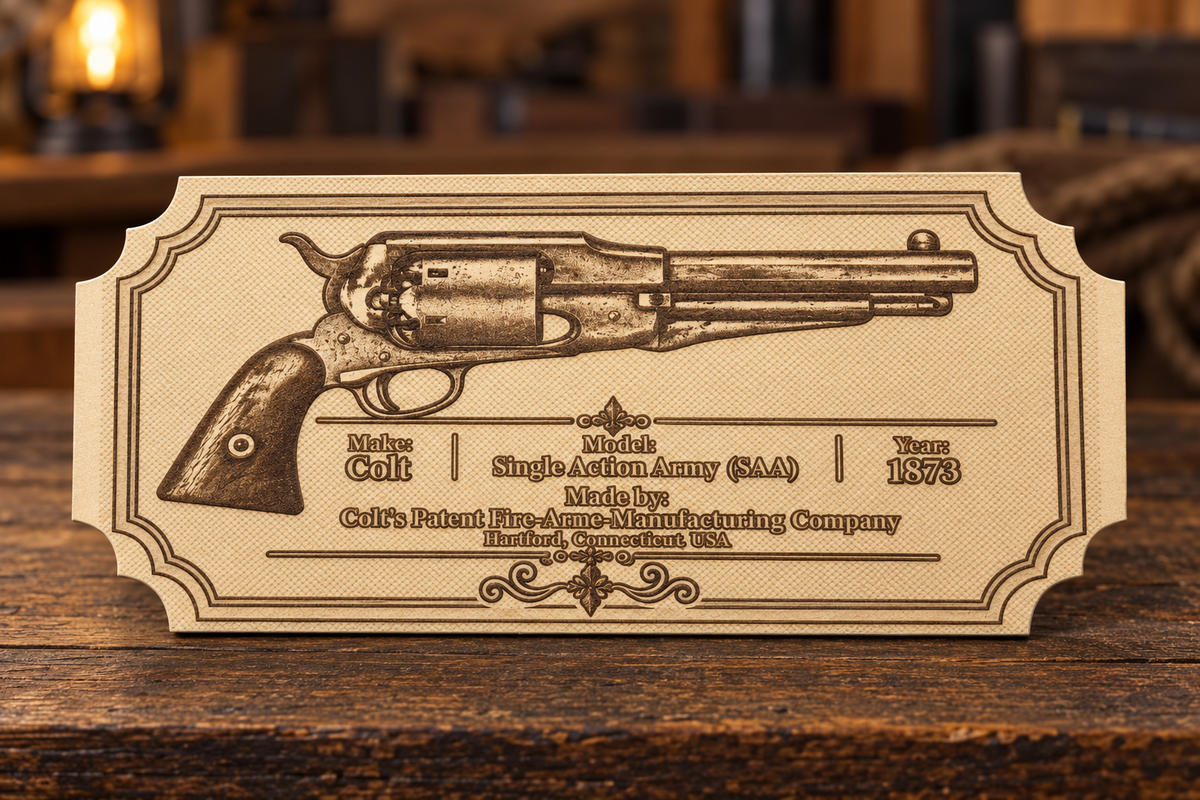 Colt Single Action Army 1873 engraved wooden historical firearm plaque