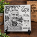 Engraved memorial stone plaque with custom laser-engraved photo tribute on slate