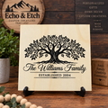 Custom Family Tree wooden sign with Tree of Life silhouette and family name "The Williams Family - ESTABLISHED 2004" on natural wood panel.