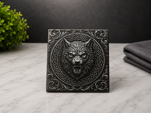 Celtic Wolf Relief Tile featuring fierce wolf head with Celtic knot border and baroque corners on dark stone finish