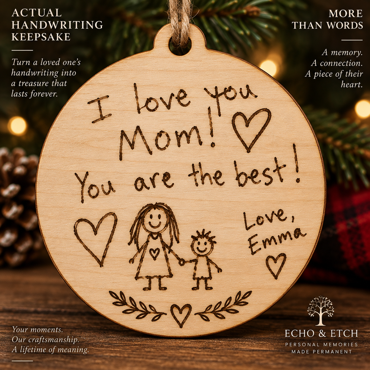 Custom laser-engraved wooden ornament featuring child's drawing and handwritten message for Mother's Day gift