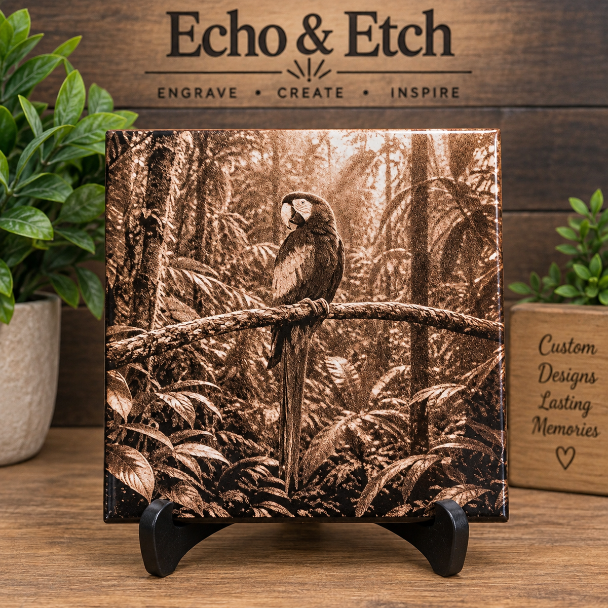 Custom laser-engraved painted white tile with detailed jungle macaw design on desktop easel