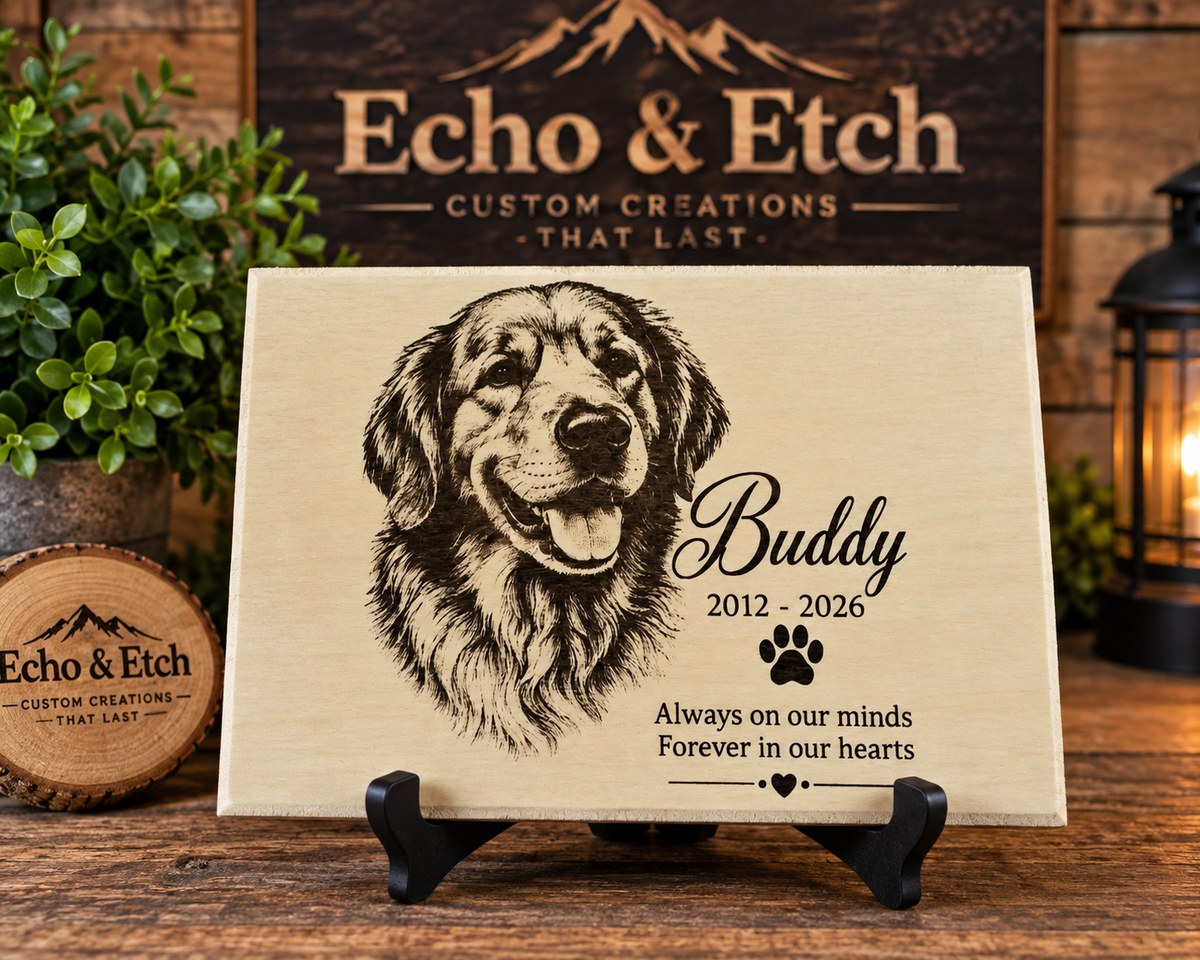 Personalized pet memorial wooden plaque with pet portrait, paw print, name Buddy, dates 2012–2026, and tribute quote