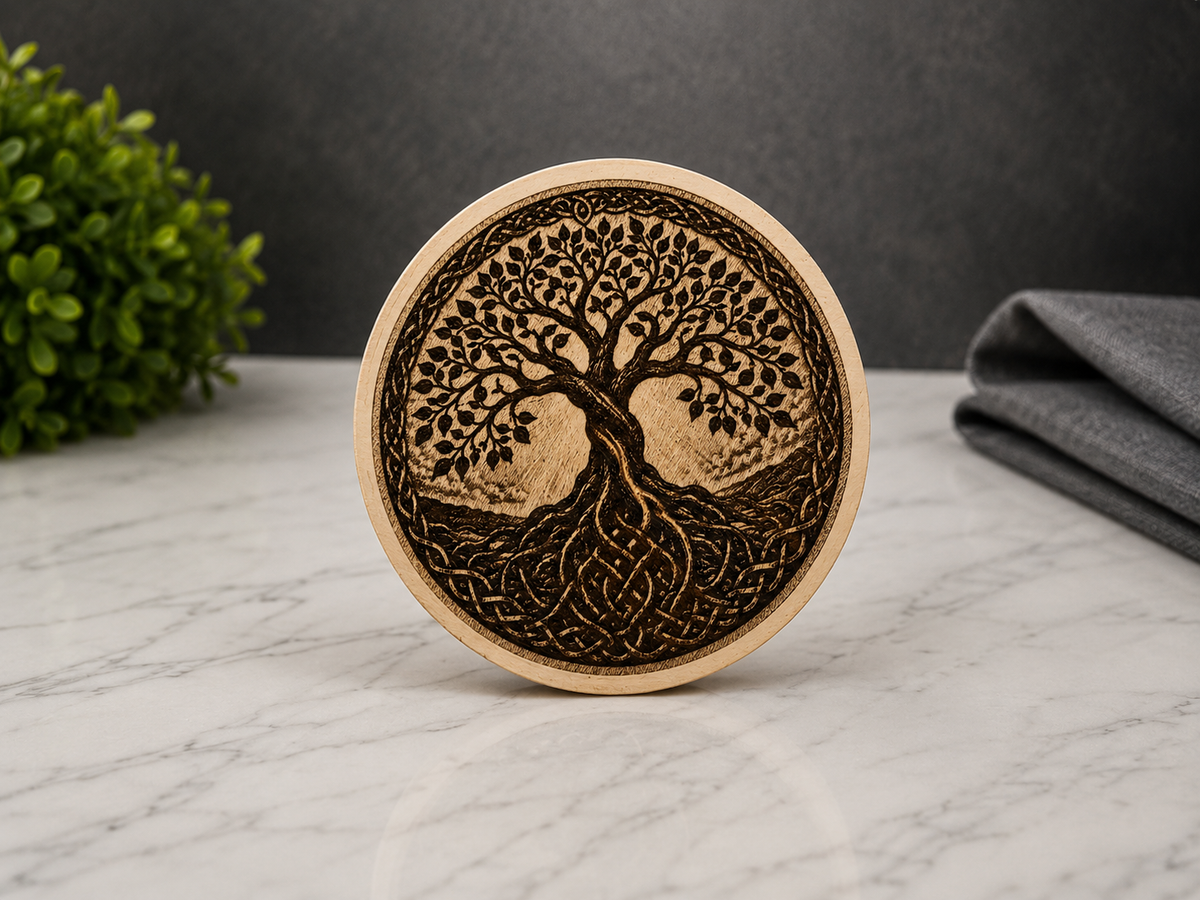 7-inch wooden medallion with engraved Tree of Life and Celtic knot border