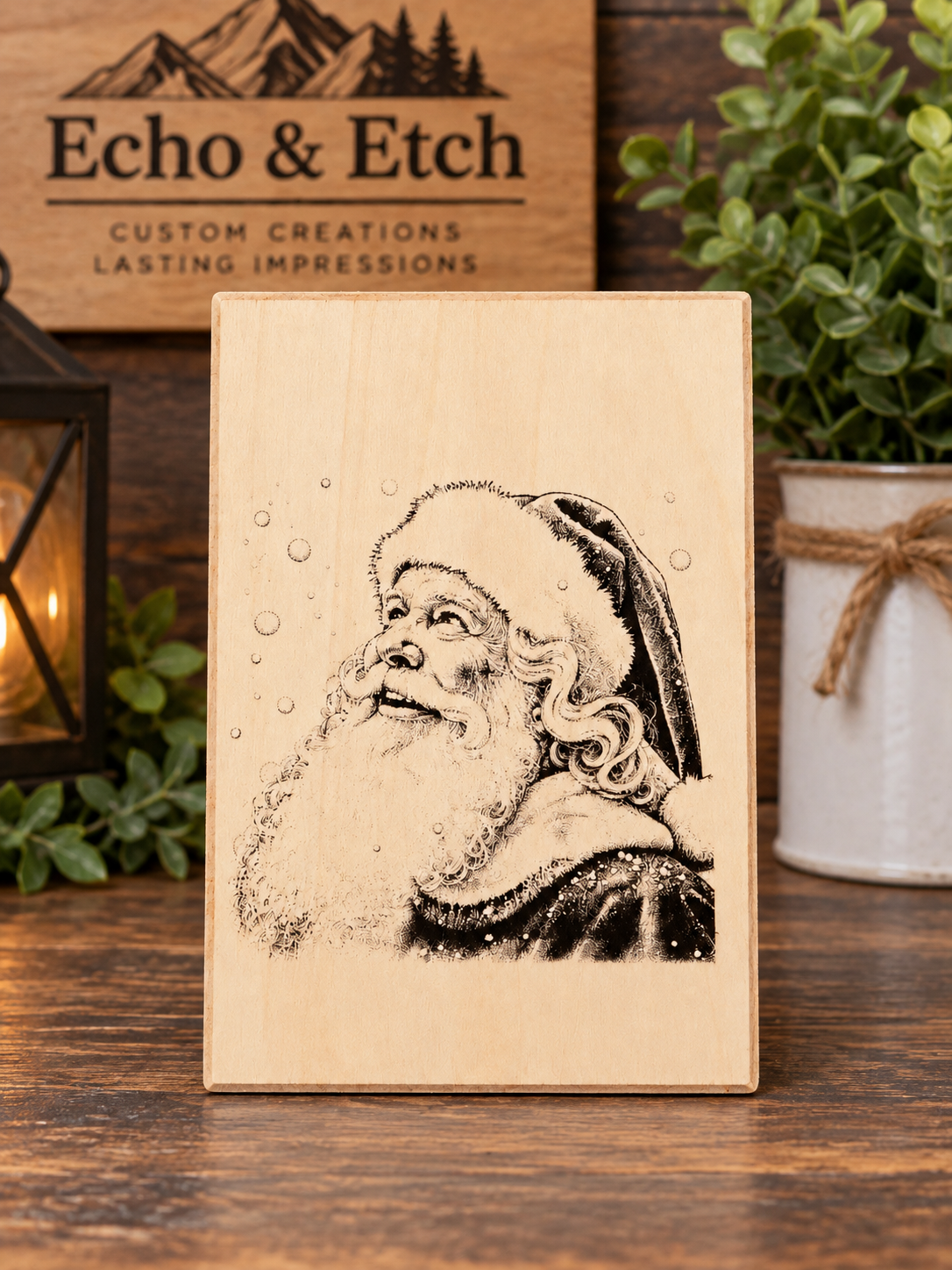 Vintage Santa Claus laser-engraved wooden plaque on natural basswood with detailed rustic Christmas design