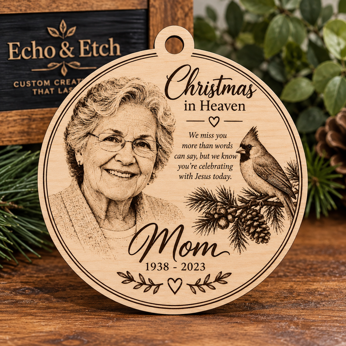 Christmas in Heaven laser-engraved memorial ornament with personalized portrait and cardinal symbol
