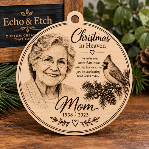 Christmas in Heaven laser-engraved memorial ornament with personalized portrait and cardinal symbol
