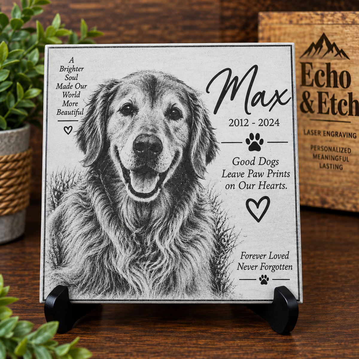 Personalized engraved pet memorial stone with dog's photo, paw prints, and heartfelt tribute engraving on textured slate plaque