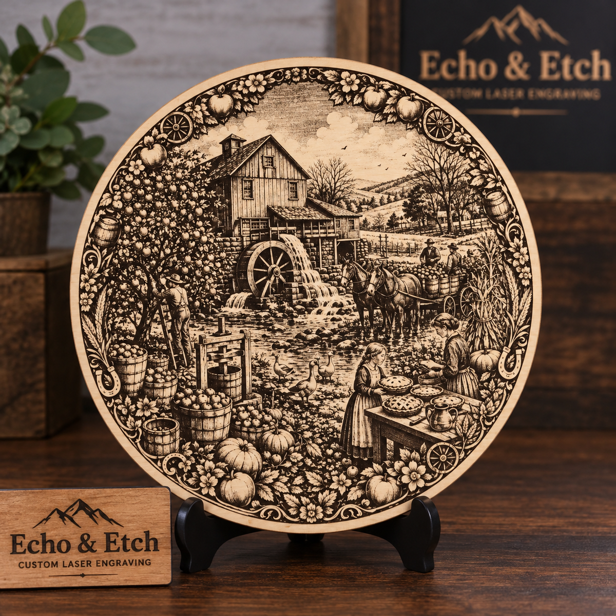 Intricate laser-engraved wooden display of a rustic watermill harvest scene with detailed floral and pumpkin border, showcasing rustic charm.