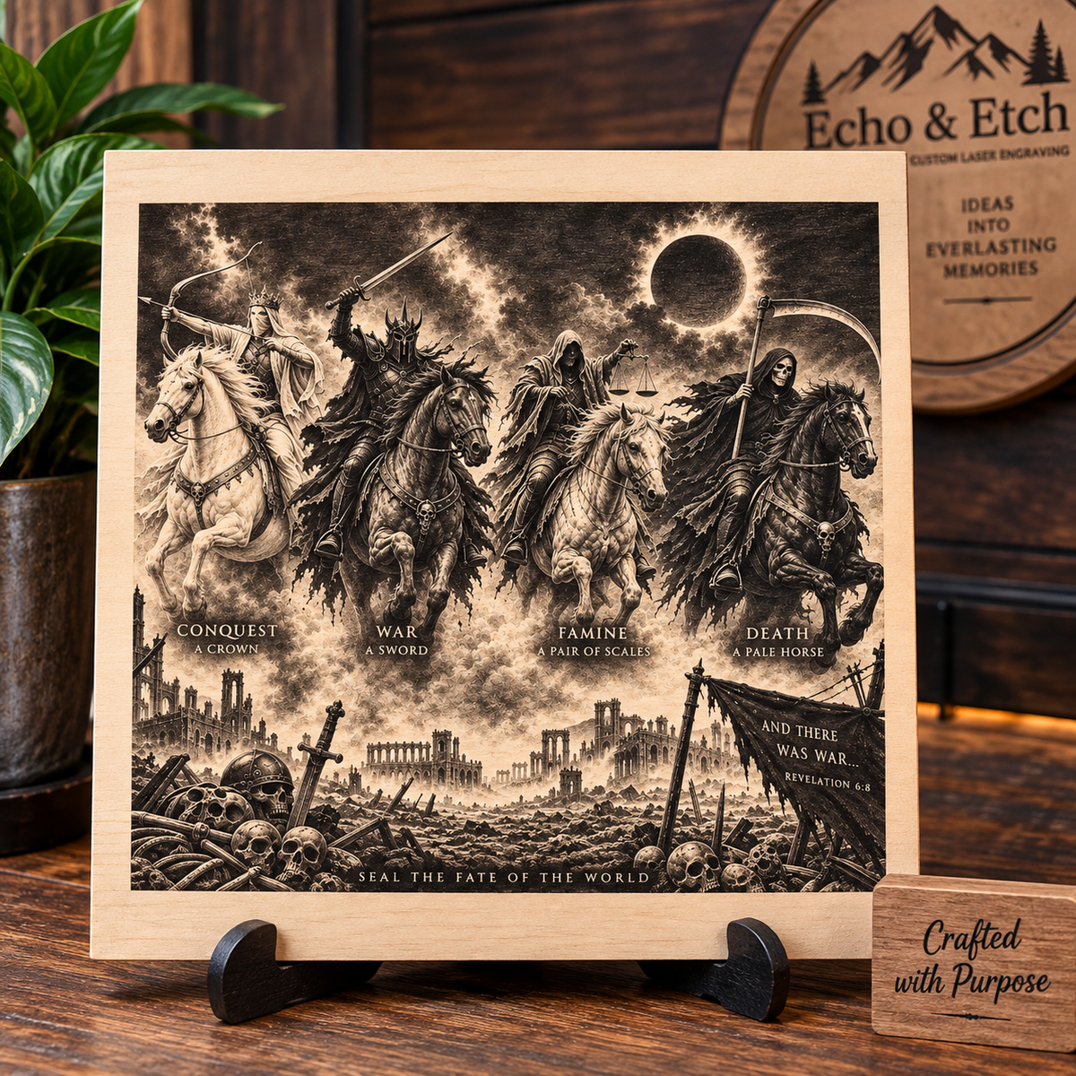 Four Horsemen of the Apocalypse wooden plaque with laser etching of Conquest, War, Famine, and Death over battlefield and scripture inscription