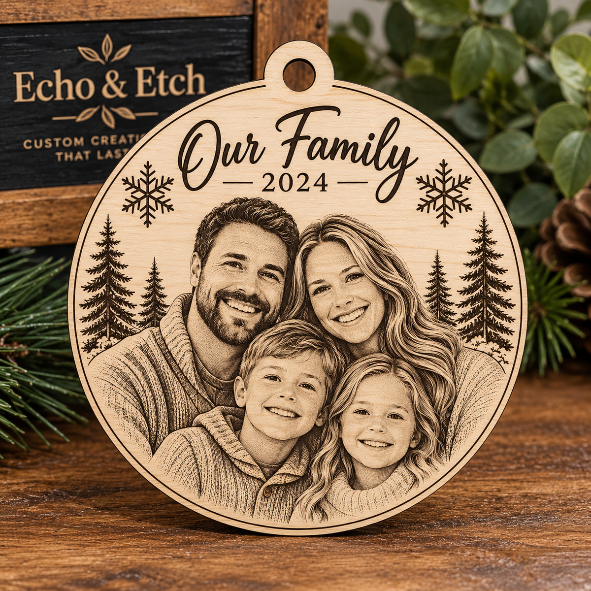 Personalized family photo laser-engraved Christmas ornament with custom sketch portrait and festive winter border