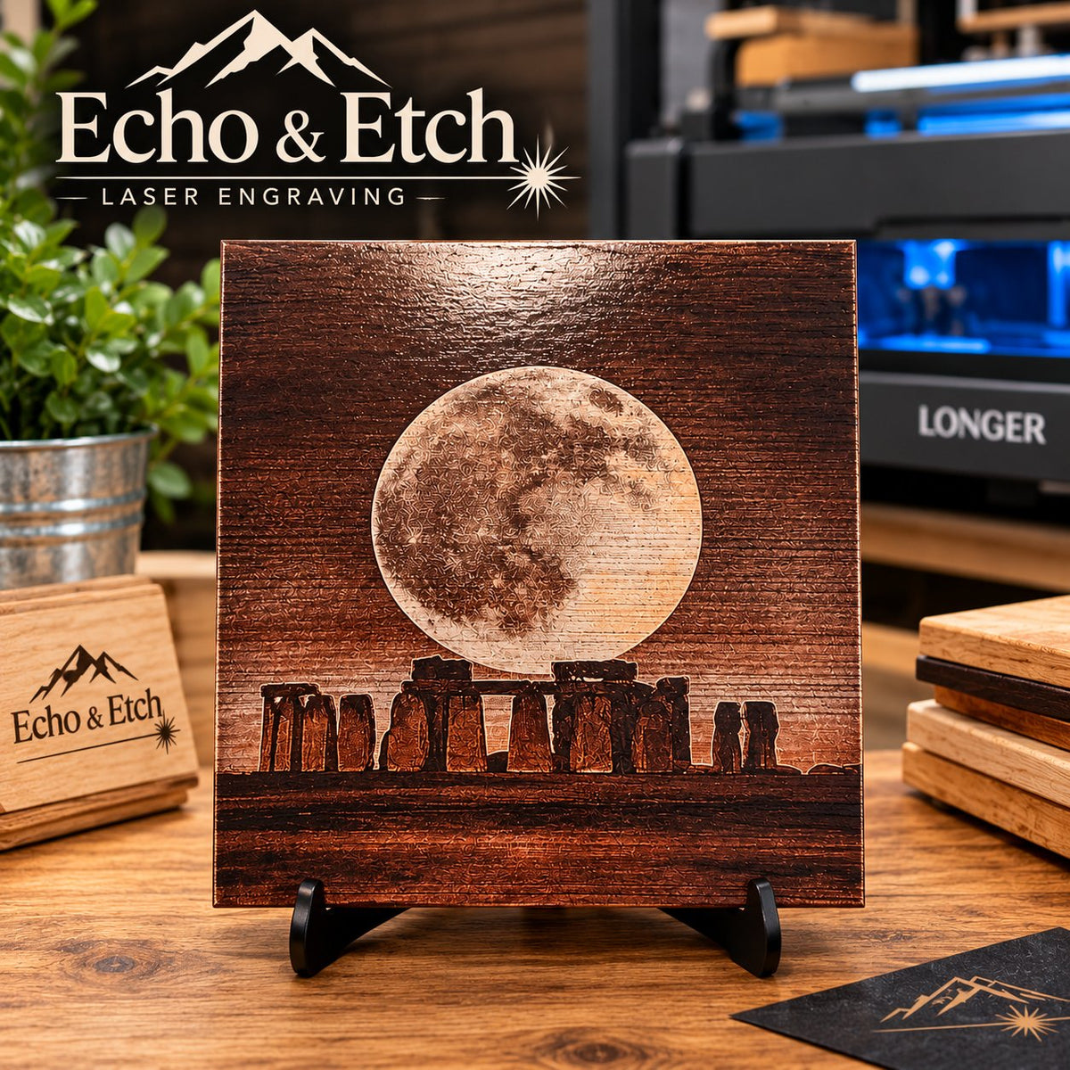 Full Moon Over Stonehenge Laser-Engraved Painted Canvas