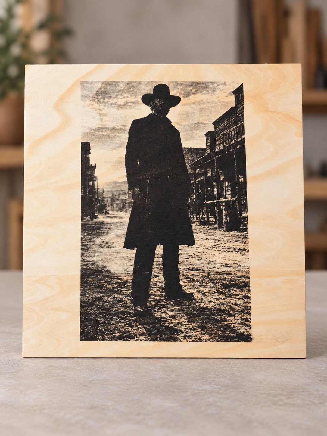 Gunslinger laser-engraved wooden plaque