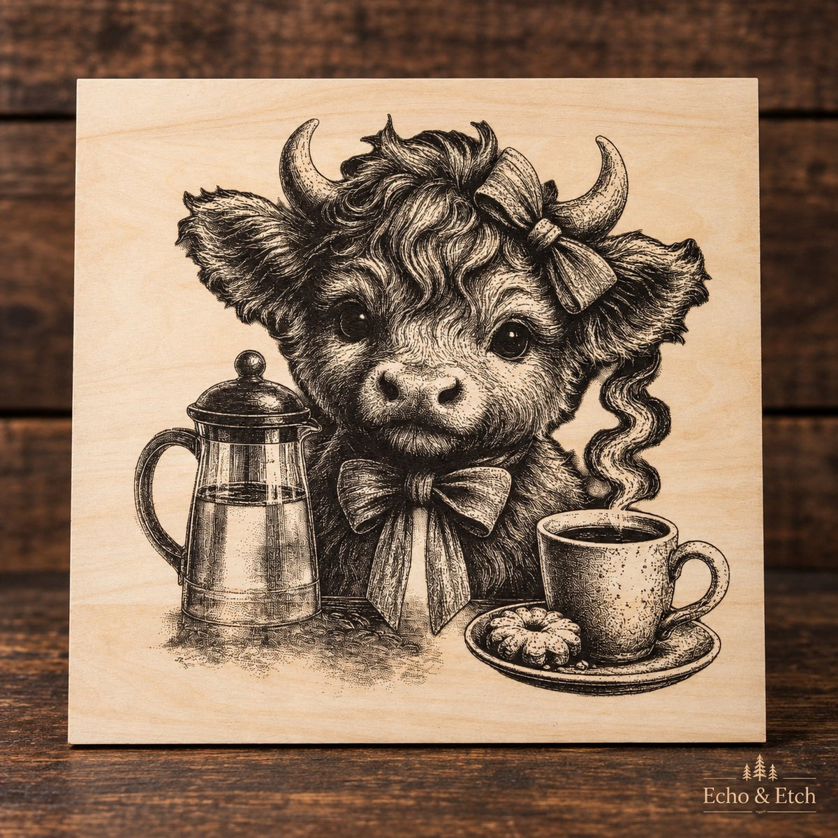 Highland Cow Calf 'Coffee Time' Laser-Engraved Wooden Plaque