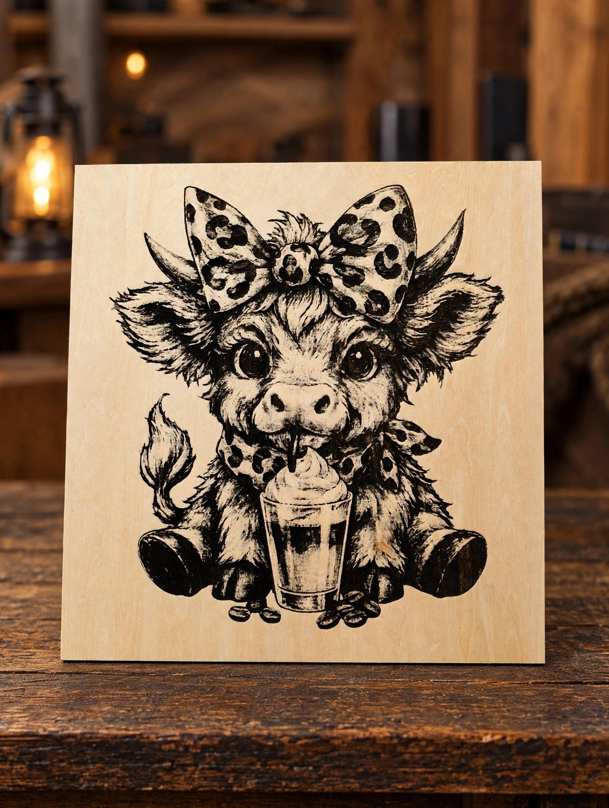 Highland Cow Calf with Leopard Bow Laser-Engraved Wooden Plaque
