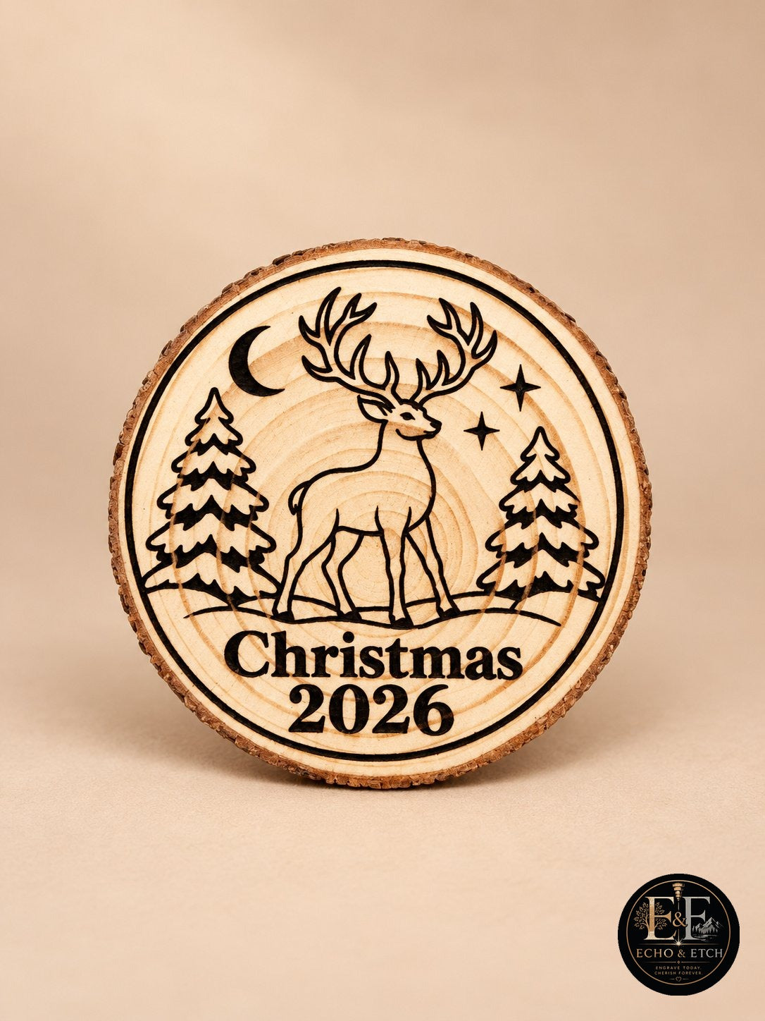 Reindeer Christmas 2026 Ornament – Laser-Engraved Wood Slice