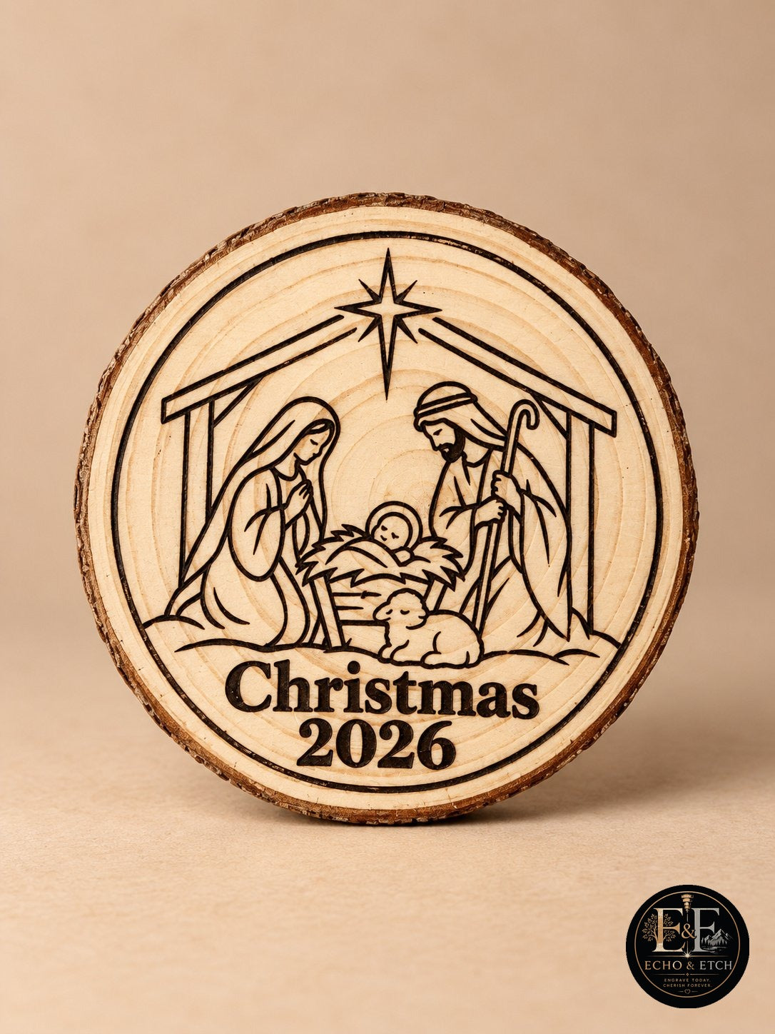Nativity Christmas 2026 Ornament – Laser-Engraved Wood Slice