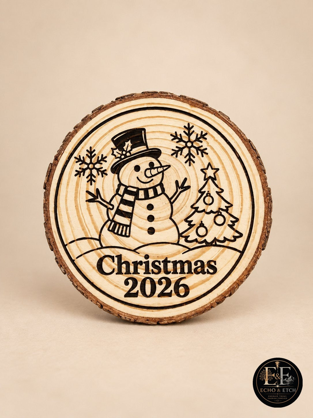 Snowman Christmas 2026 Ornament – Laser-Engraved Wood Slice