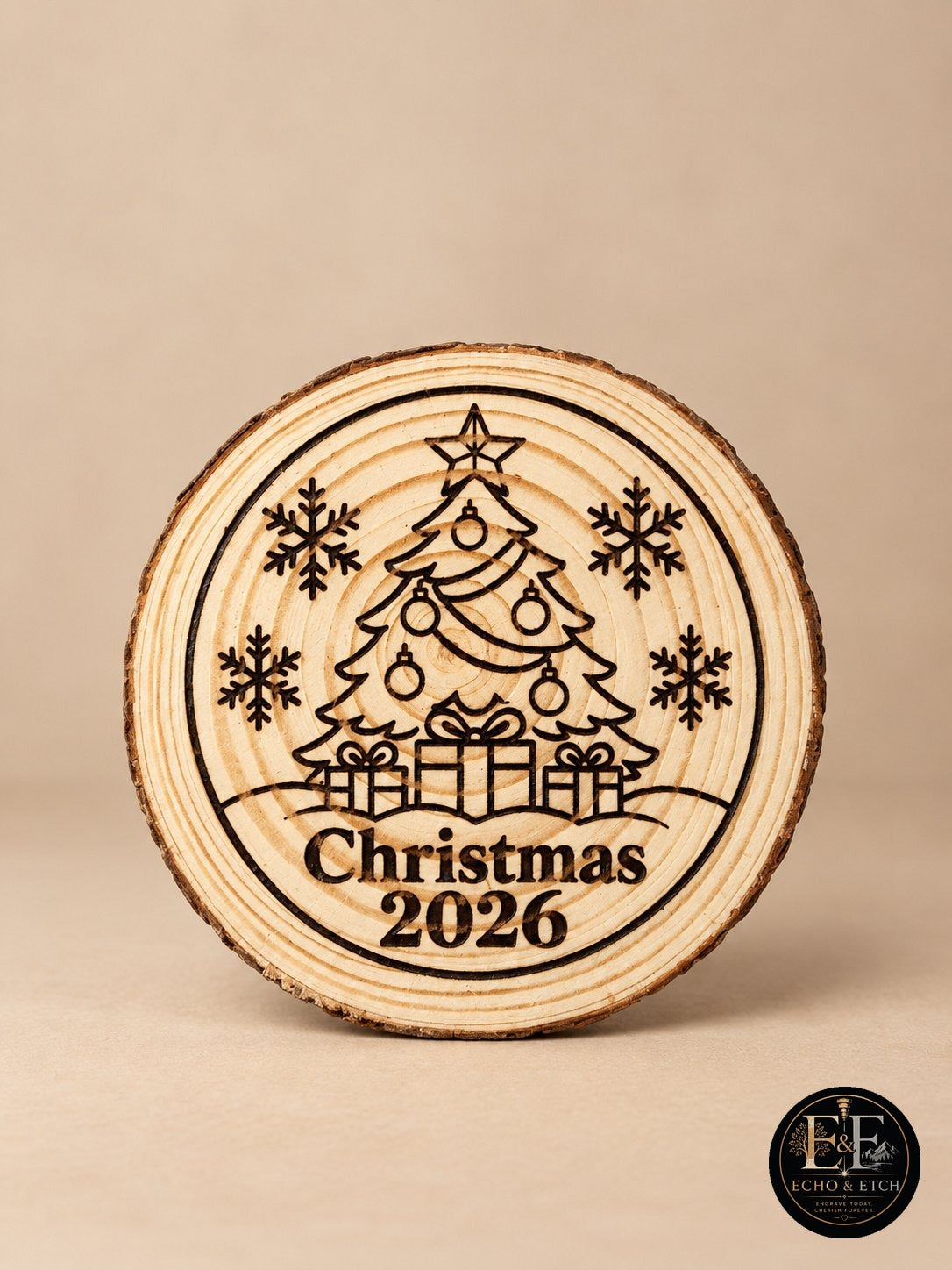 Christmas Tree Christmas 2026 Ornament – Laser-Engraved Wood Slice