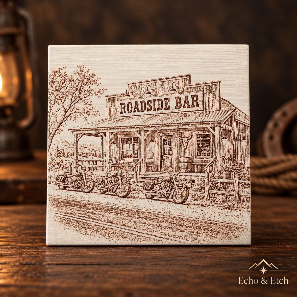 Roadside Bar Laser-Engraved Painted Tile